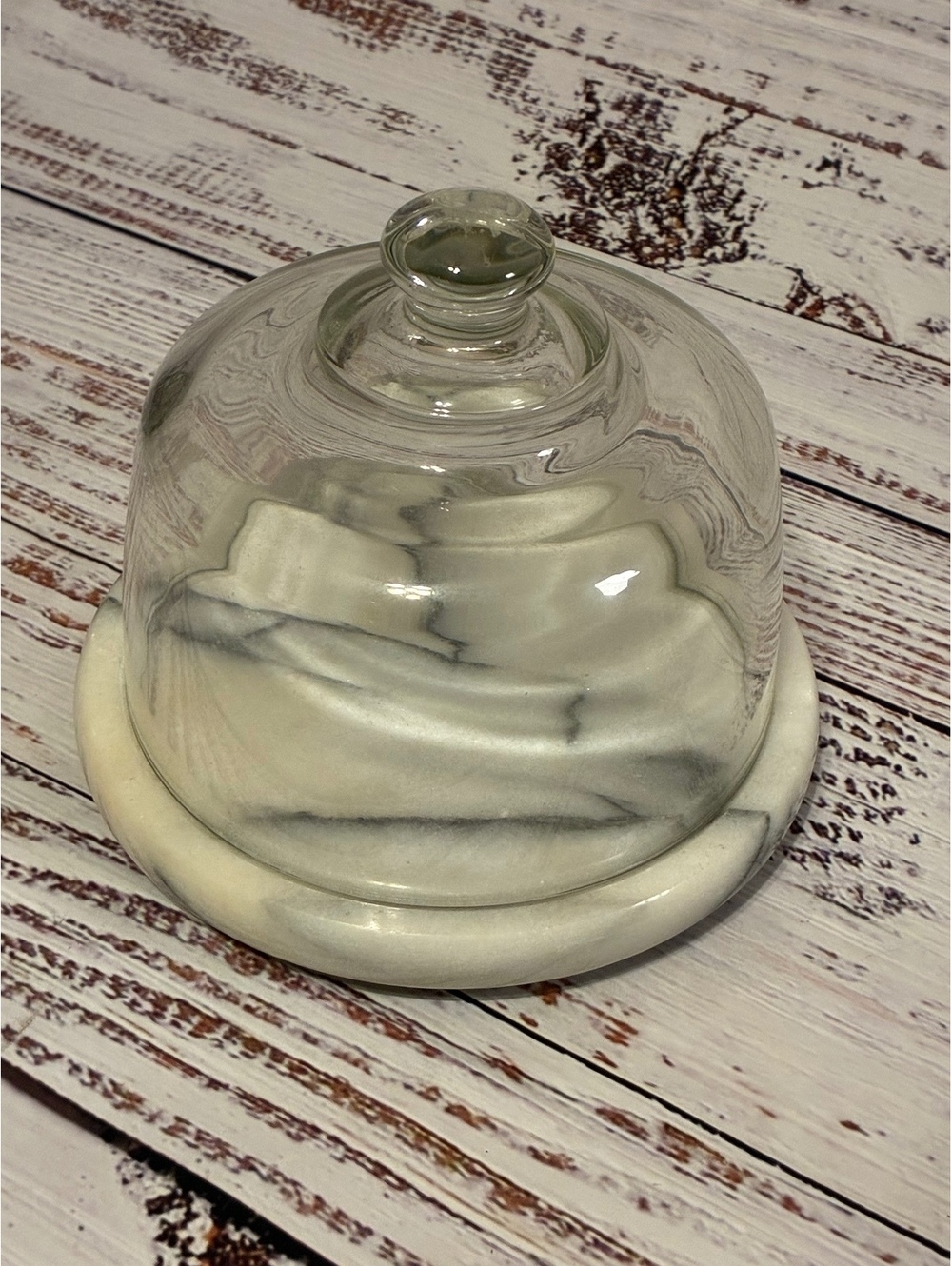 Vintage White Marble Cheese Dome & Glass Cloche Board 7.5"